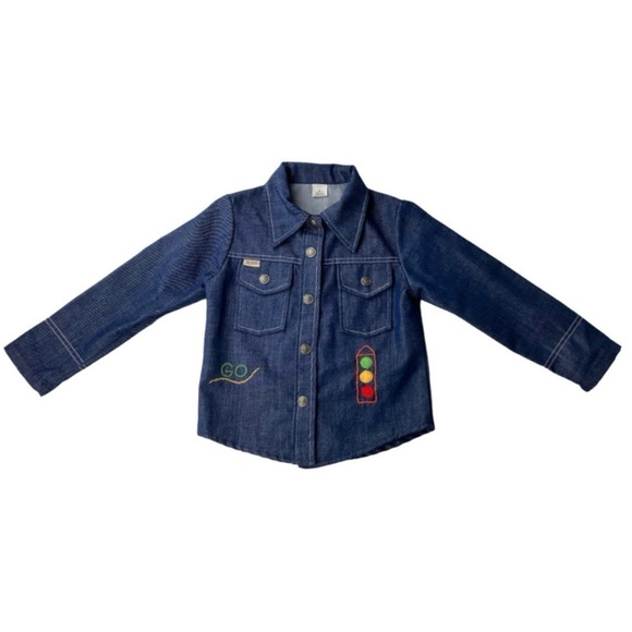 Vintage 70s Sears Toughskins Dark Denim Snap Work Shirt Embroidered Sz 6 Small - Picture 3 of 15